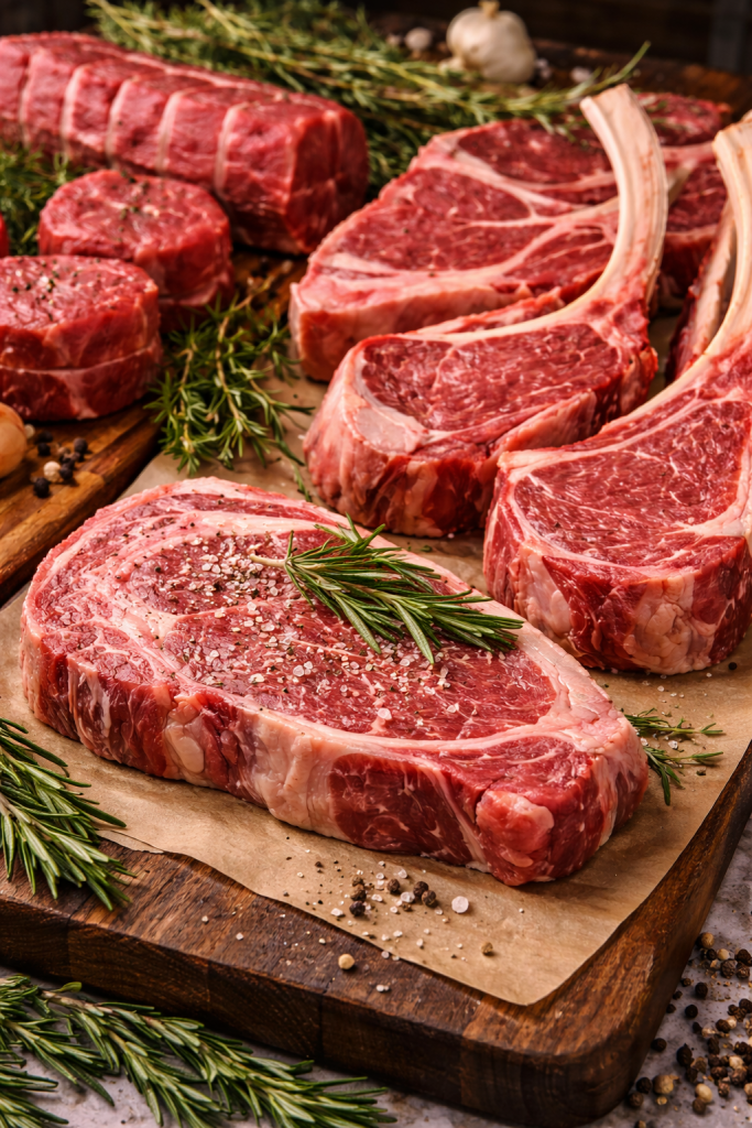 Premium raw beef cuts with visible marbling arranged on a wooden board
